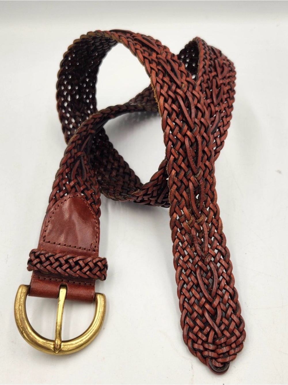 Coach Braided Weave Brown Leather Belt Womens L Brass D Ring Buckle 10-12